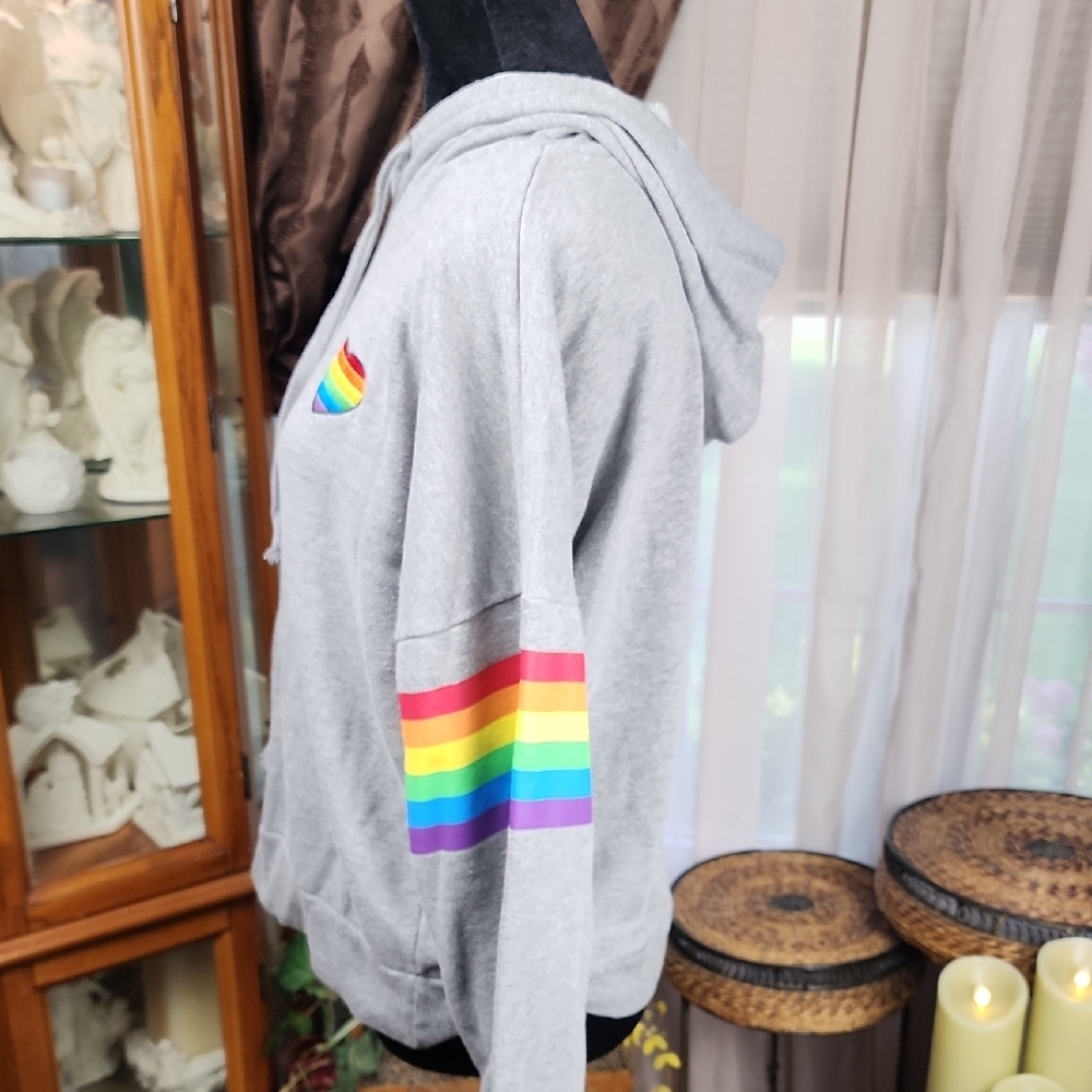 HOT TOPIC | LGBTQIA+ Pride Rainbow Heart Embroidered Cropped Hoodie Gray | M L - Picture 4 of 9